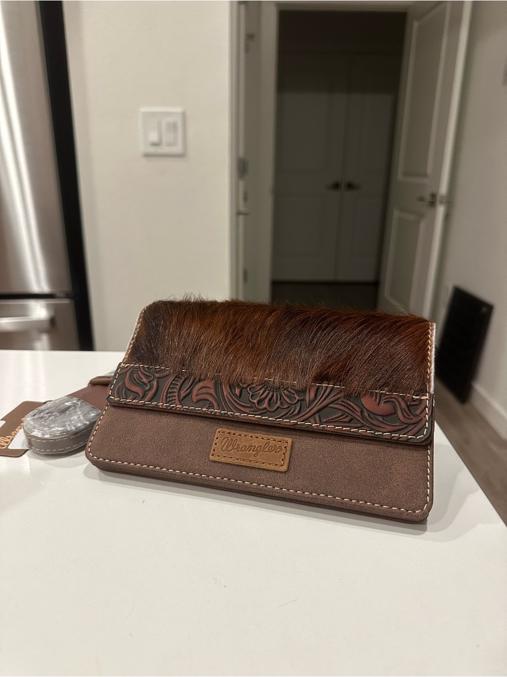Wrangler Brown Hair-On Cowhide Wallet with Tooled Trim